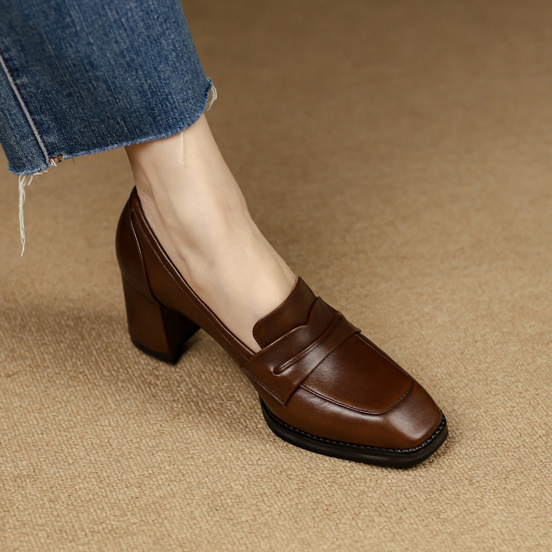 2023春新款真皮粗跟方头英伦风小皮鞋女高跟擦色复古懒人百搭单鞋