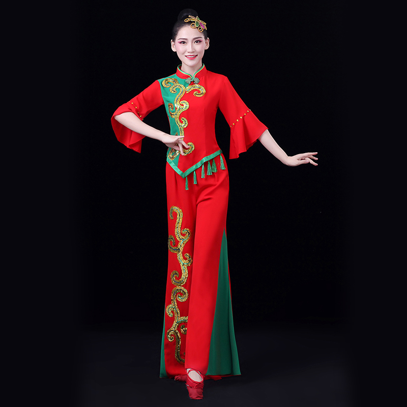 秧歌舞蹈服装演出服女2021新款中老年民族广场手绢扇子舞飘逸套装