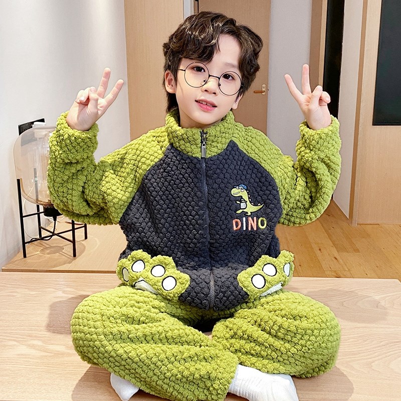 儿童睡衣男孩秋冬加厚珊瑚绒男童冬季加绒法兰绒蜘蛛侠拉链家居服