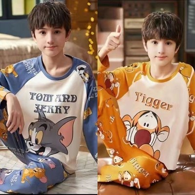 2023新款男童睡衣春秋季纯棉长袖儿童男孩秋冬款青少年大童家居服