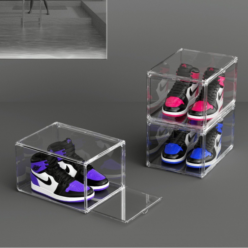PET加厚透明塑料鞋盒 磁吸式翻盖防尘球鞋收纳盒鞋子组合鞋柜批发
