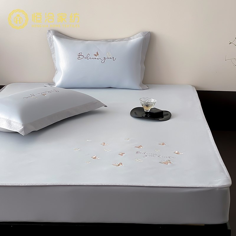 夏季凉感色织提花冰丝凉席三件套蝴蝶刺绣可水洗床笠空调软席蓝色