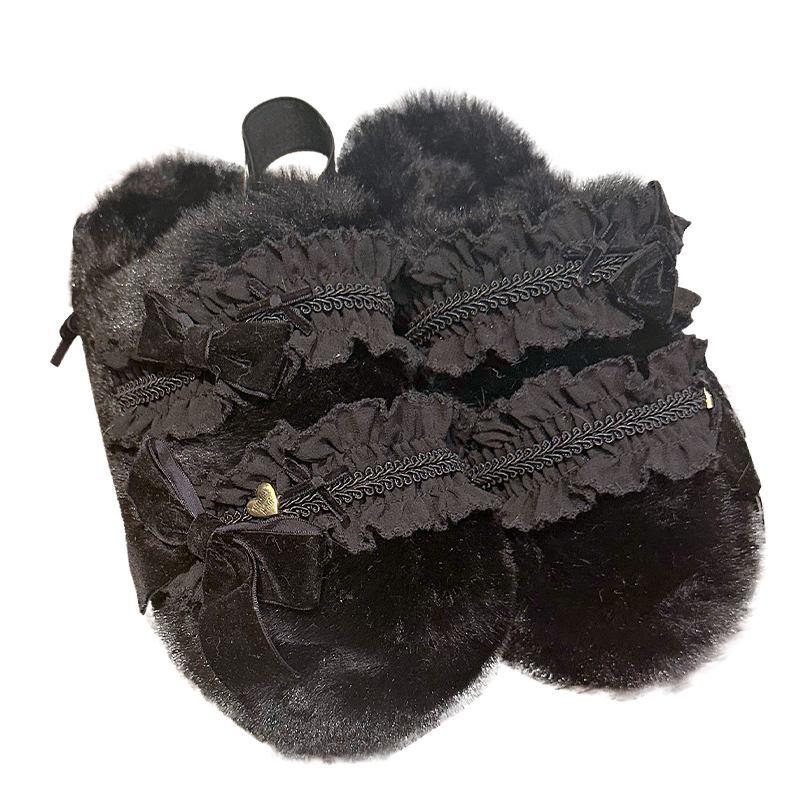 PINKYO原创毛毛拖鞋女外穿黑色花边2023新款韩版包头防滑毛绒棉拖