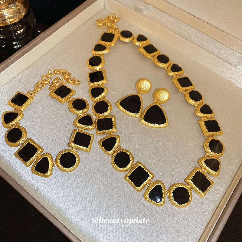 中古黑色撞色几何耳环手链项链套装轻奢气质手环复古通勤饰品配饰