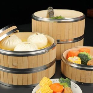 徳鸿新款可定制不锈钢边竹蒸笼小笼包蒸格蒸菜加高加深竹笼屉篦子