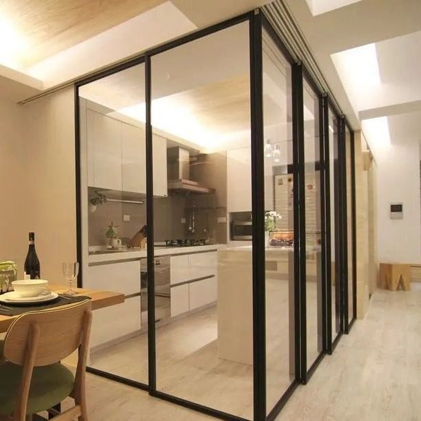 批发简约三轨三联动厨房推拉门阳台铝合金隔断门双层钢化玻璃门