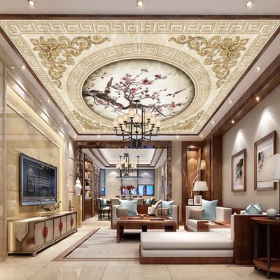 中式花鸟5d客厅天花板壁纸卧室装饰餐厅3d吊顶墙纸8d立体圆顶壁画
