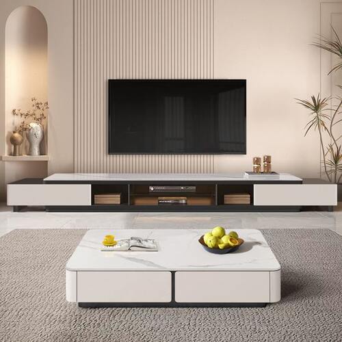 极简超长岩板落地伸缩电视柜茶几组合现代简约大小户型客厅地台柜