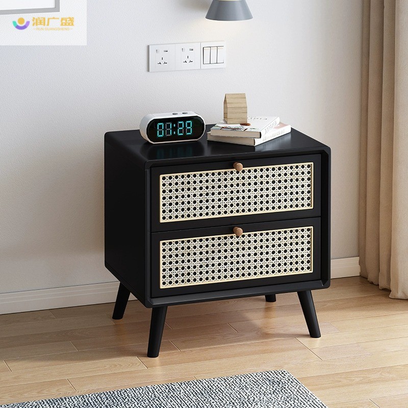 藤编床头柜樱桃色实木原木诧寂风北欧简约现代迷你木制收纳储物柜