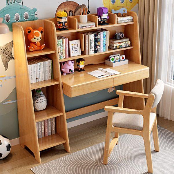 实木书桌书架一体学生学习桌书柜组合家用卧室简约课桌儿童写字桌