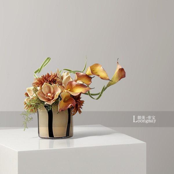 奶油风复古黄色线条玻璃花瓶插花售楼处客厅茶几洽谈桌花器小桌花,家居饰品,花瓶,淘宝优惠券,粉丝福利购,淘宝优惠卷