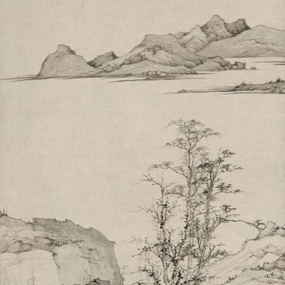 清四僧弘仁仿倪山水图国画水墨山水艺术微喷宣纸复制画