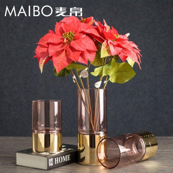 现代直筒圆柱形透明玻璃花瓶客厅餐厅电镀金色玫瑰金水培插花花器