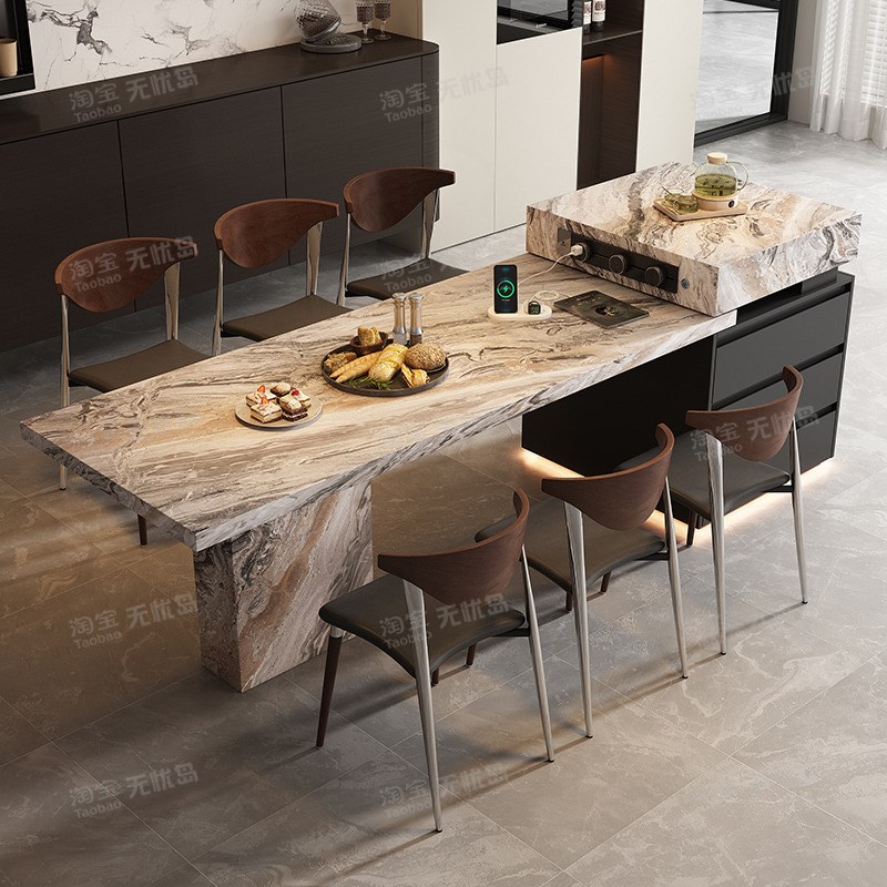 意式轻奢可定制岩板岛台s餐桌一体可伸缩家用厨房中导倒西厨料理