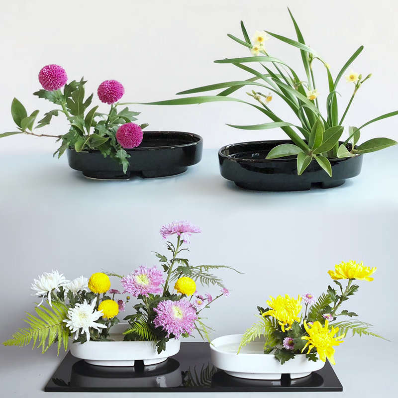 小原流花道小判椭圆青瓷蓝色陶瓷花器剑山插花花艺陈Y设家居摆放