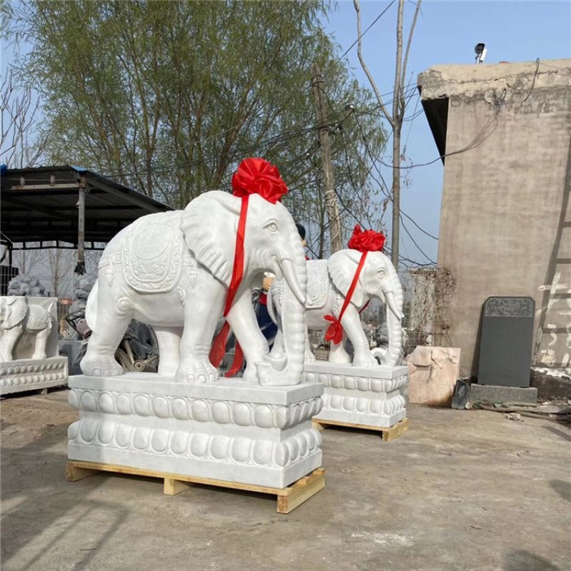 石雕大象一对汉白玉晚霞红小象门口石象摆件