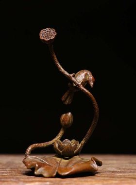 纯铜手工实心茶宠小物件 莲花荷叶倒流香 喜鹊鸟茶道盖置小摆件