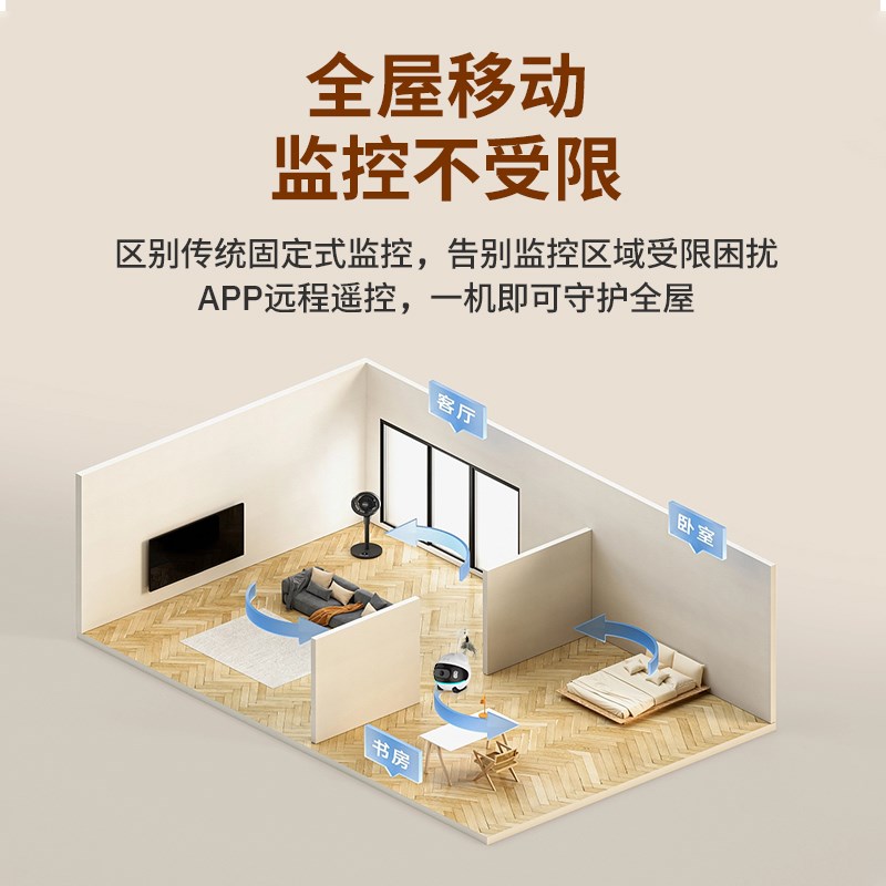 可全屋移动行走无线监控宠物摄像头免插电家用360度全景摄影头