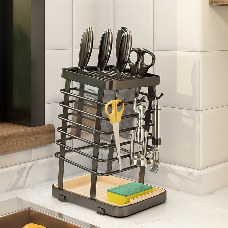 不锈钢刀架置物架多功p能台面置物神器家用厨房刀具沥水一体收纳