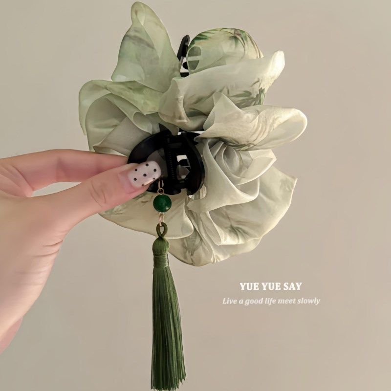 汽车文化产品!只此青绿~复古流苏云朵网纱抓夹新中式Z时尚鲨鱼夹