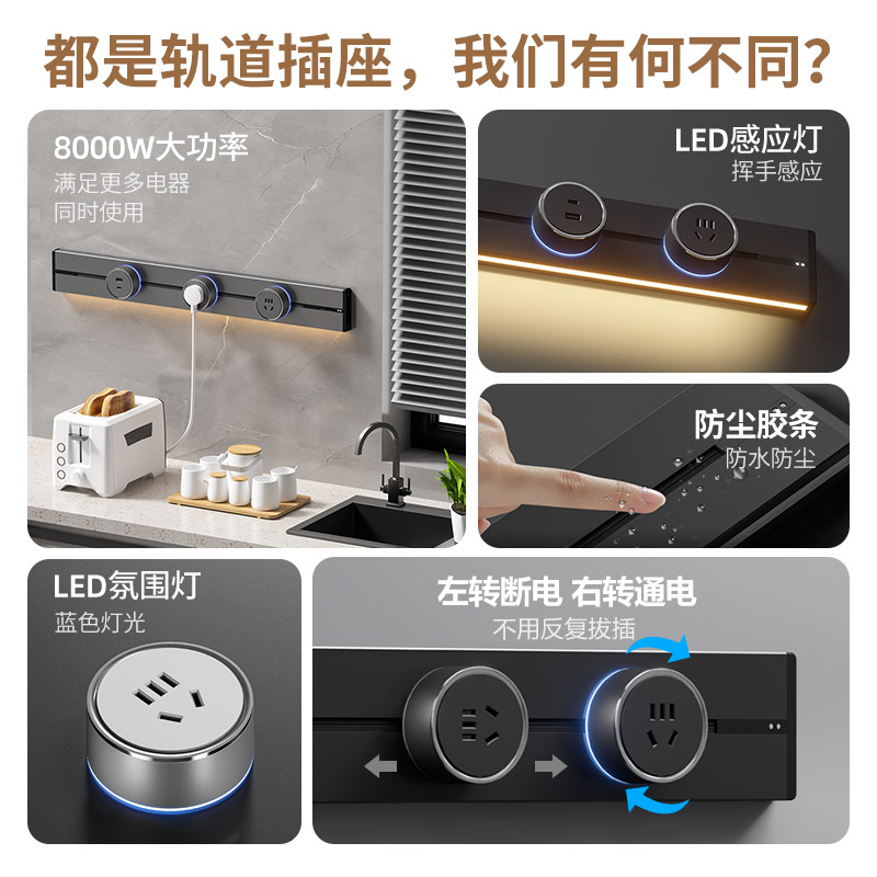 赛尔玛可移动轨道插座家用电力导轨插座厨房餐边柜滑动式插排明装