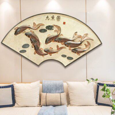 中国风中式浮雕挂件九鱼图玄关装饰画背景墙壁饰墙饰走廊卧室挂画