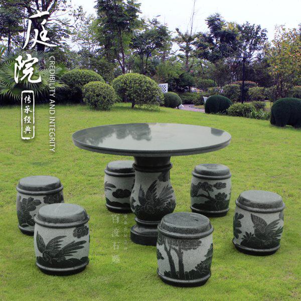 精品芝麻黑雕花石桌庭院石桌椅石头圆桌可定做大理石花岗岩
