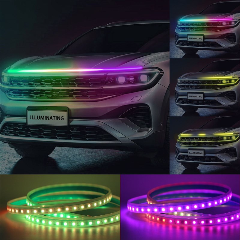 新款汽车LED幻彩机盖日u行灯流光带转向车头盖声控节奏氛围灯