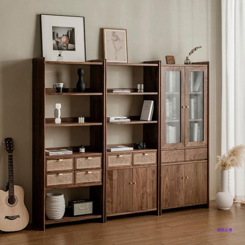 北欧黑胡桃木实木书柜轻奢日式简约樱桃木原木经济型组合储物书架