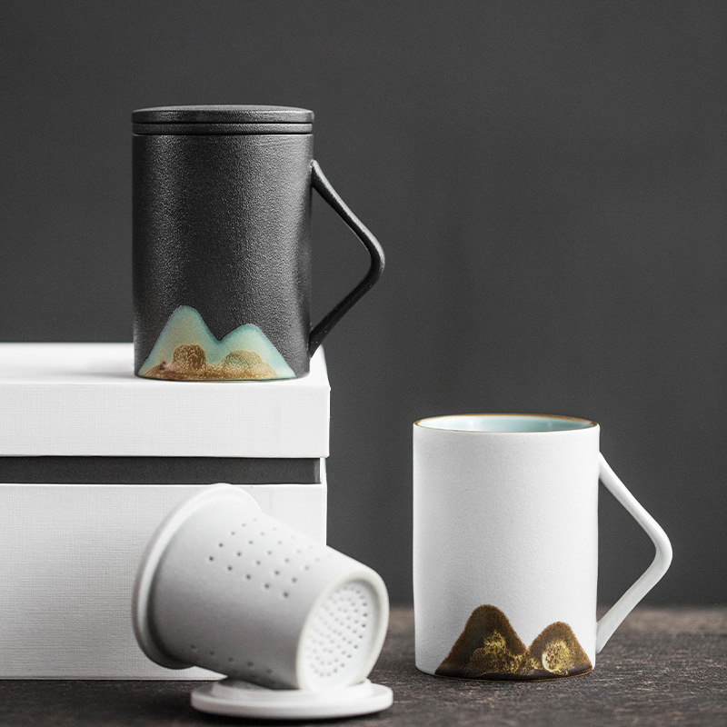 远山简约茶杯 带盖过滤茶水分离陶瓷泡茶杯办公个人专用杯子