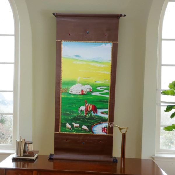 蒙古元素挂画装饰画竖版高档次卷轴画动物风景民族特色挂墙皮画图片