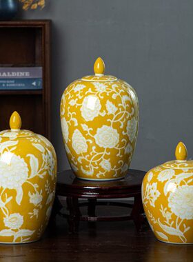 陶瓷摆件玄关黄色将军带盖陶瓷花温烧制可水培装饰摆件级