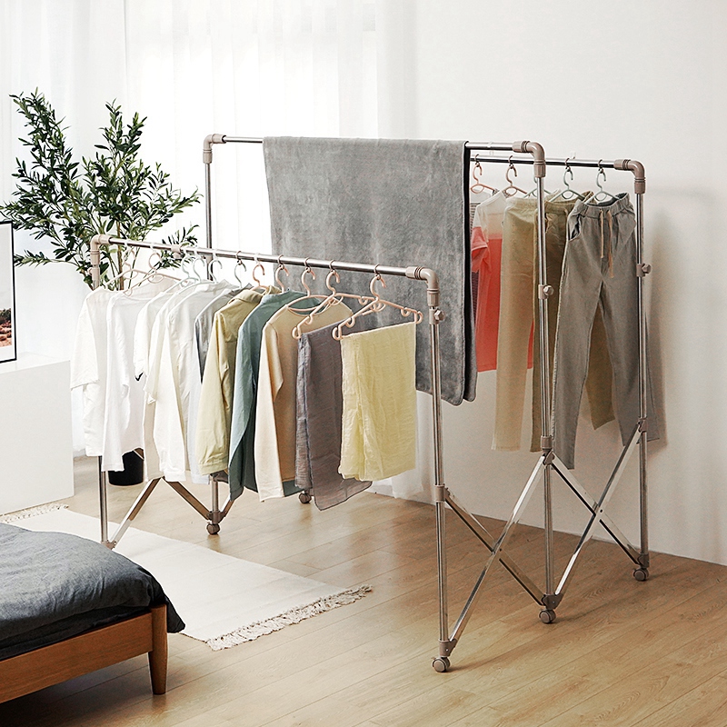 双杆式晾衣架折叠k不锈钢落地升降凉挂衣架阳台晒被子架室内晒衣