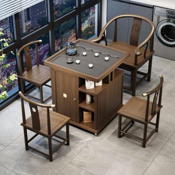 新中式阳台茶桌椅组合移动乌金石实木家用小茶台小户型可移动茶车