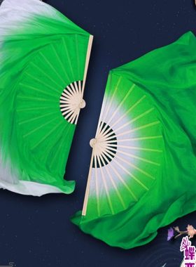 真丝绿色渐变舞蹈扇子 双面加长广场舞扇秧歌跳舞演出 映山红舞扇
