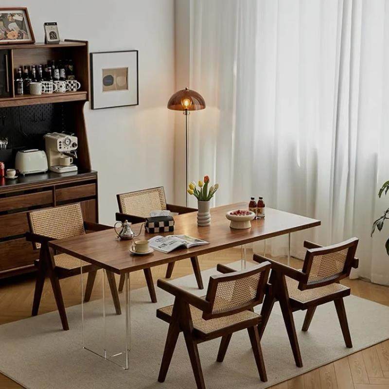 北美黑胡桃木亚克力悬浮实木餐桌简约家用长条大桌奶油风桌电脑桌