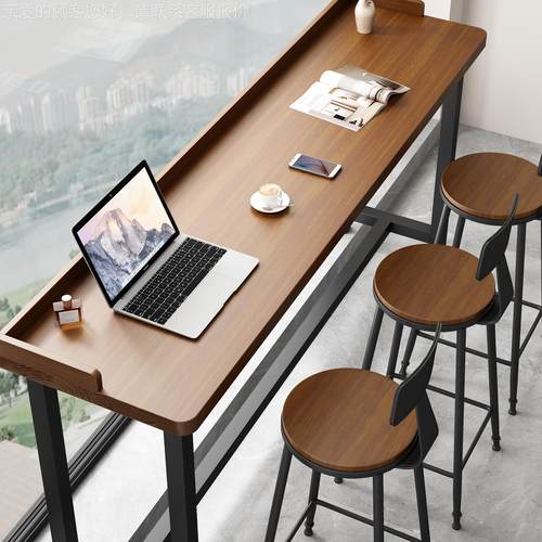 实木合吧台靠台墙窄桌子61家用阳长条桌奶茶店桌酒吧高脚桌椅组商