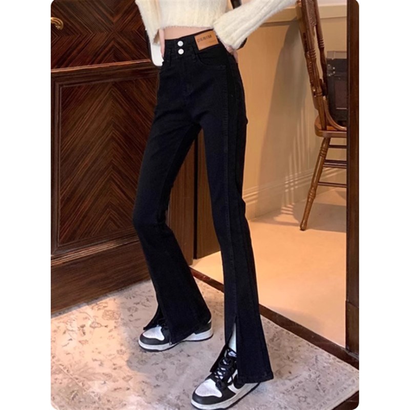 胖小皮~黑色微喇牛m仔裤女新款加绒高腰小个子大码显瘦梨形喇叭裤