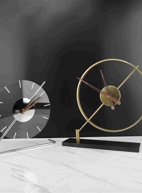 现代简约大理石金属时钟台钟w桌面摆件书房客厅卧室样板房家居饰