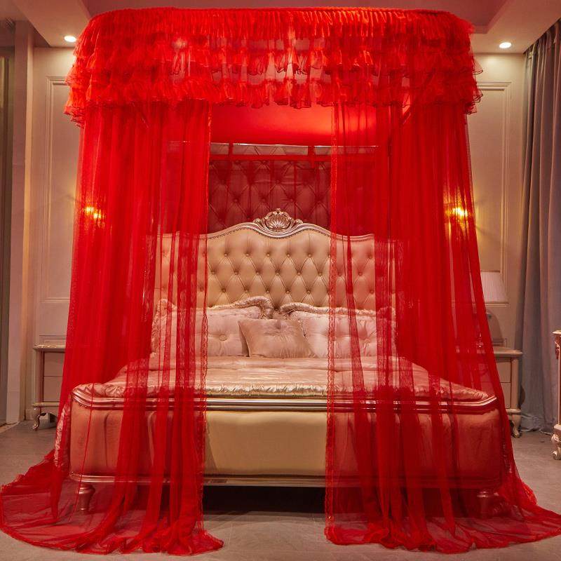 2024新款大红色婚庆导轨蚊帐u型轨道1.8m1.5床结婚家用落地三开门
