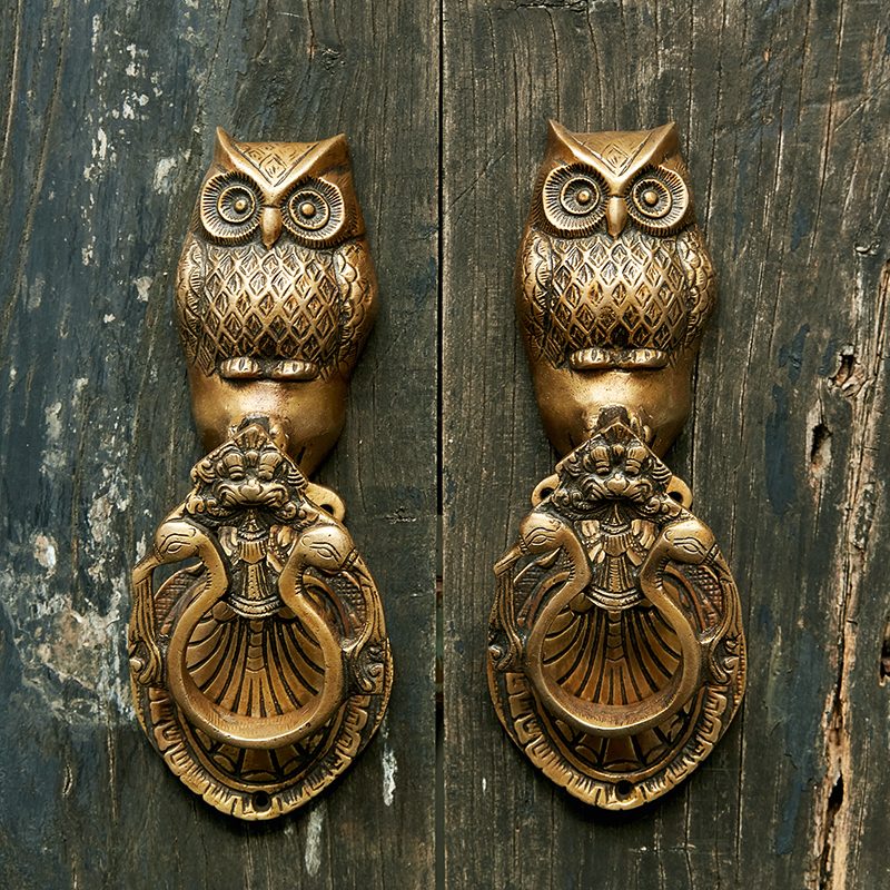 梭罗双树森林交响曲 东南亚手工猫头鹰黄铜把手门拉手明装铜门环