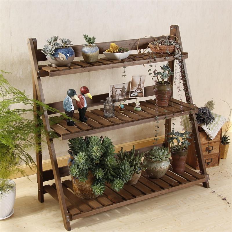 三层田园实木花架加大折叠多肉绿萝盆景阶梯仿古收纳阳台置物包邮