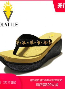VOLATILE2018新品卡其色金属装饰 亮片防滑坡跟沙滩人字拖女凉鞋