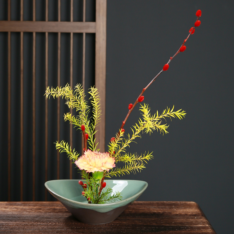 剑山中式插花器皿陶瓷插r花盘日式小原流花器禅意盆景花盆花盘花