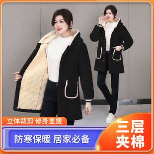 加绒加厚女罩衣大码连帽罩衫厨房围裙中长款冬妈妈装厚外套工作服