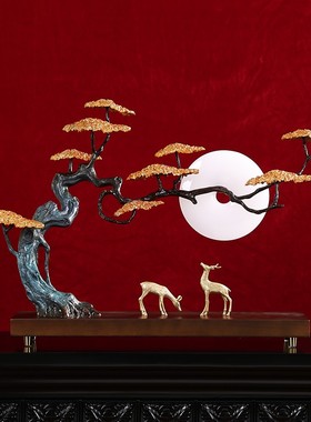 福松财鹿黄铜迎客k松摆件新中式玄关客厅工艺乔迁开业礼盒装送礼