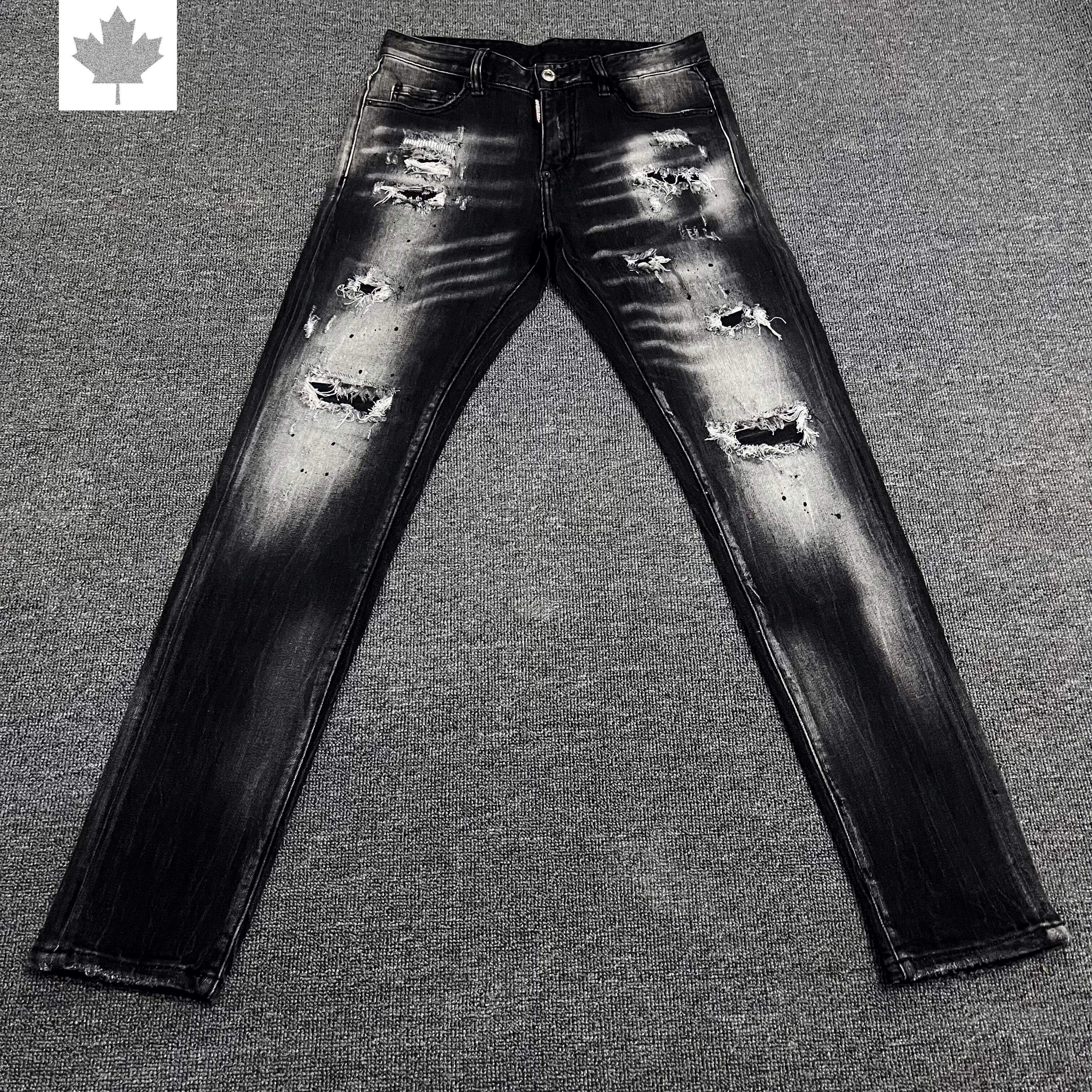 欧美原创D2牛仔裤男假破洞补丁泼墨漆点个性时尚修身Y小脚裤潮流