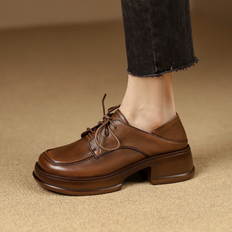 2023春季新h款真皮厚底系带英伦风小皮鞋女粗跟松糕底圆头擦色单