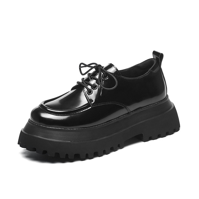 2023春季新款真皮厚底松糕黑色小D皮鞋女坡跟圆头漆皮百搭系带单