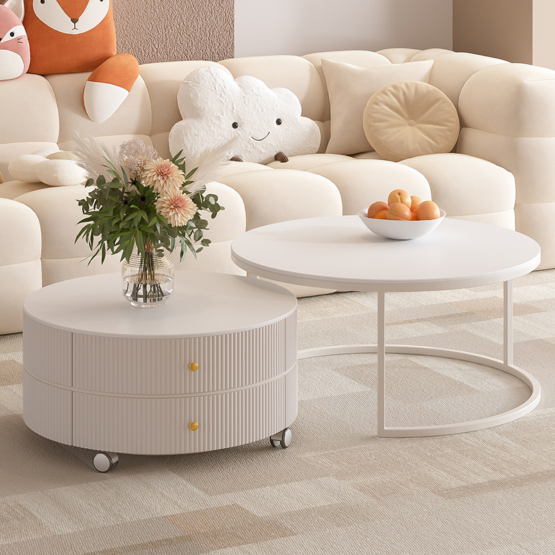 奶油风网红岩板茶几l客厅2023新款小户型家用可移动简约圆形玻璃